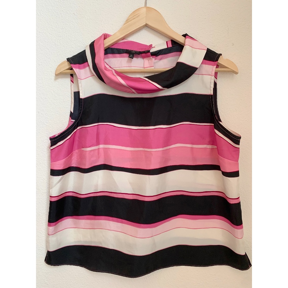 Talbots Petites Portrait Collar Sleeveless Pink Black Blouse Top 12p